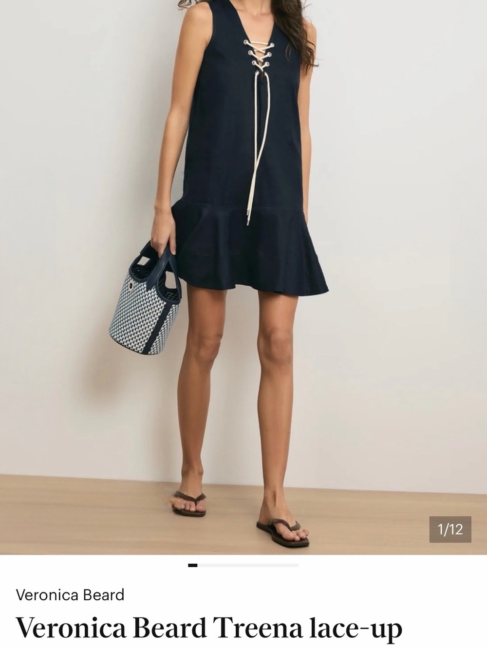 Veronica Beard Navy Lace-Up Flounce Hem Mini Dress